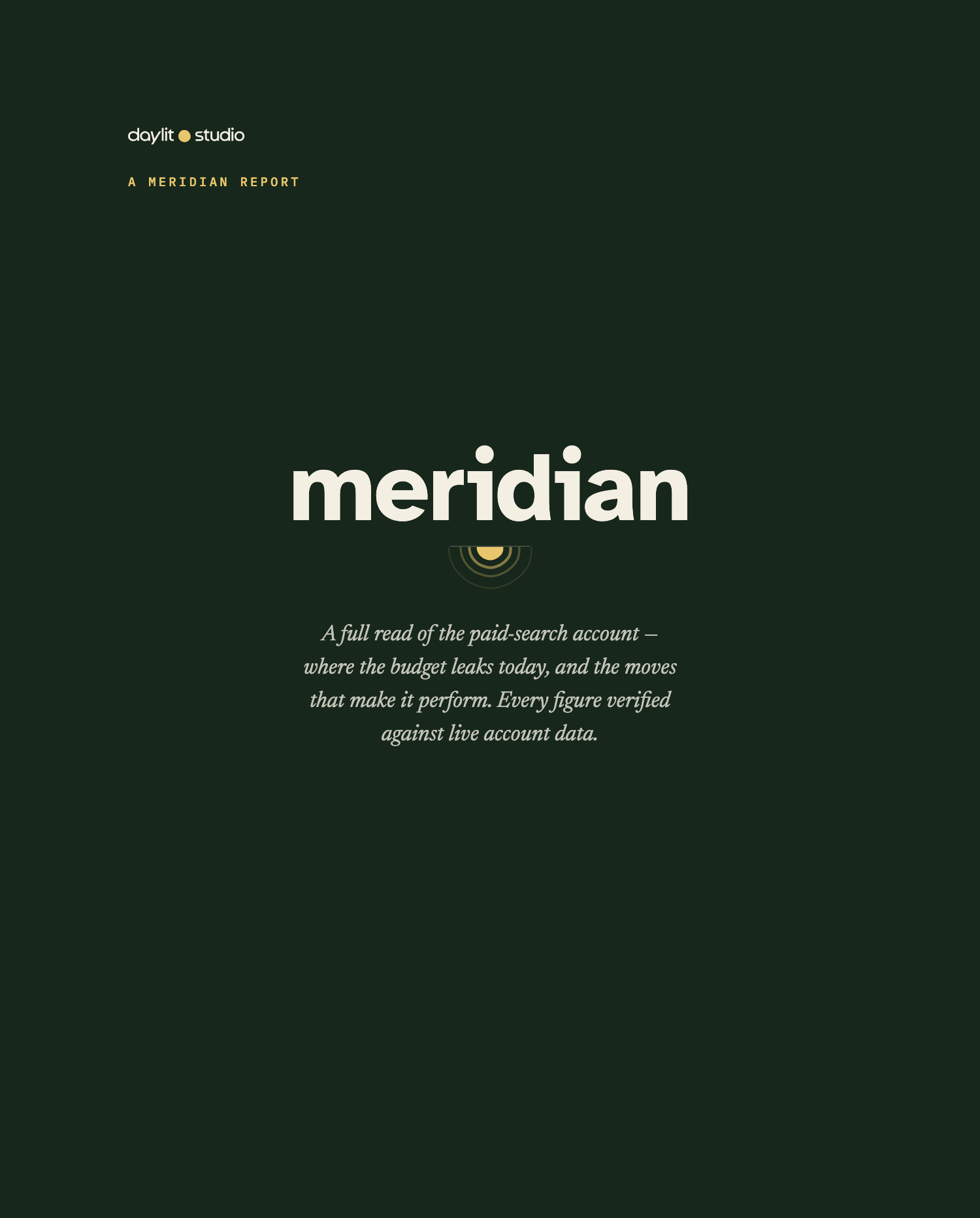 Meridian report cover: the meridian wordmark, a noon sun reflected in still water